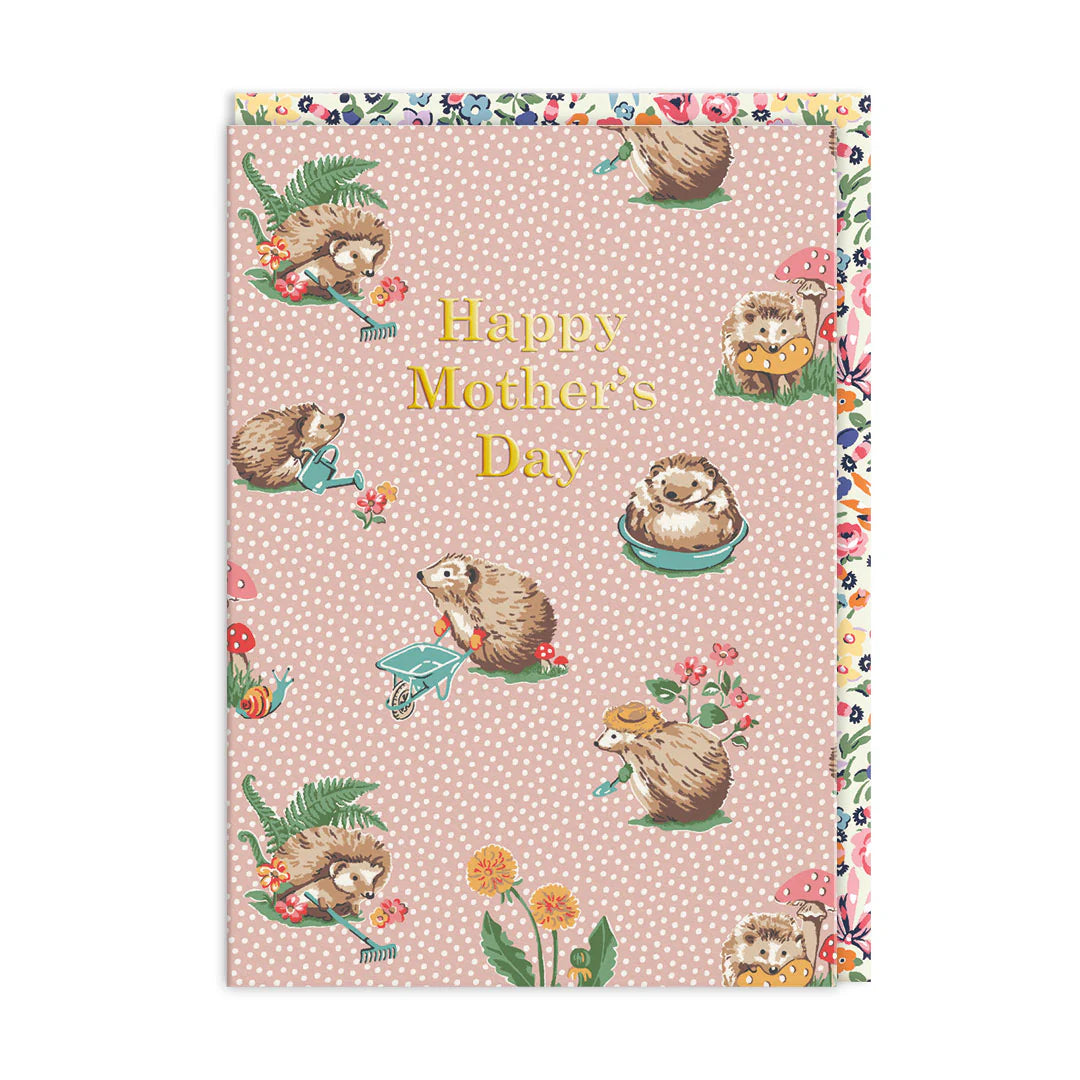 Ohh Deer card: hedgehogs among flowers, with gold 'Happy Mother's Day' on pink