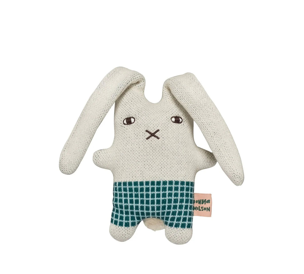 Donna Wilson Wee Ones Bonnie Bunny: a cream knitted rabbit in green check shorts
