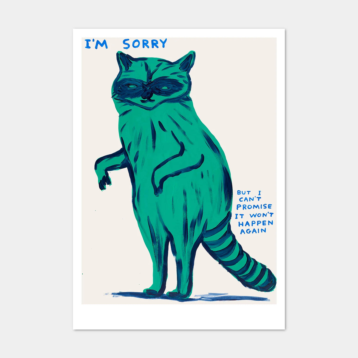 David Shrigley postcard: a green raccoon with 'I'm sorry – But I can't promise it won't happen again'