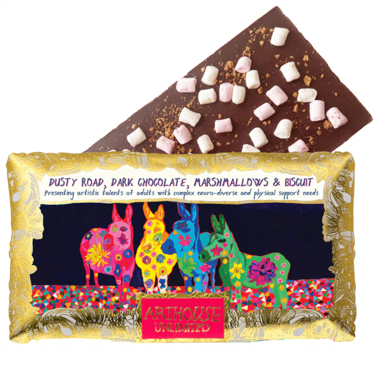 Dusty Road bar showing the dark chocolate topped with marshmallows