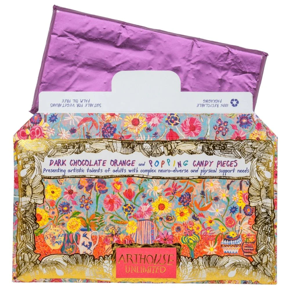 Arthouse dark chocolate with its purple-wrapped bar pulled out