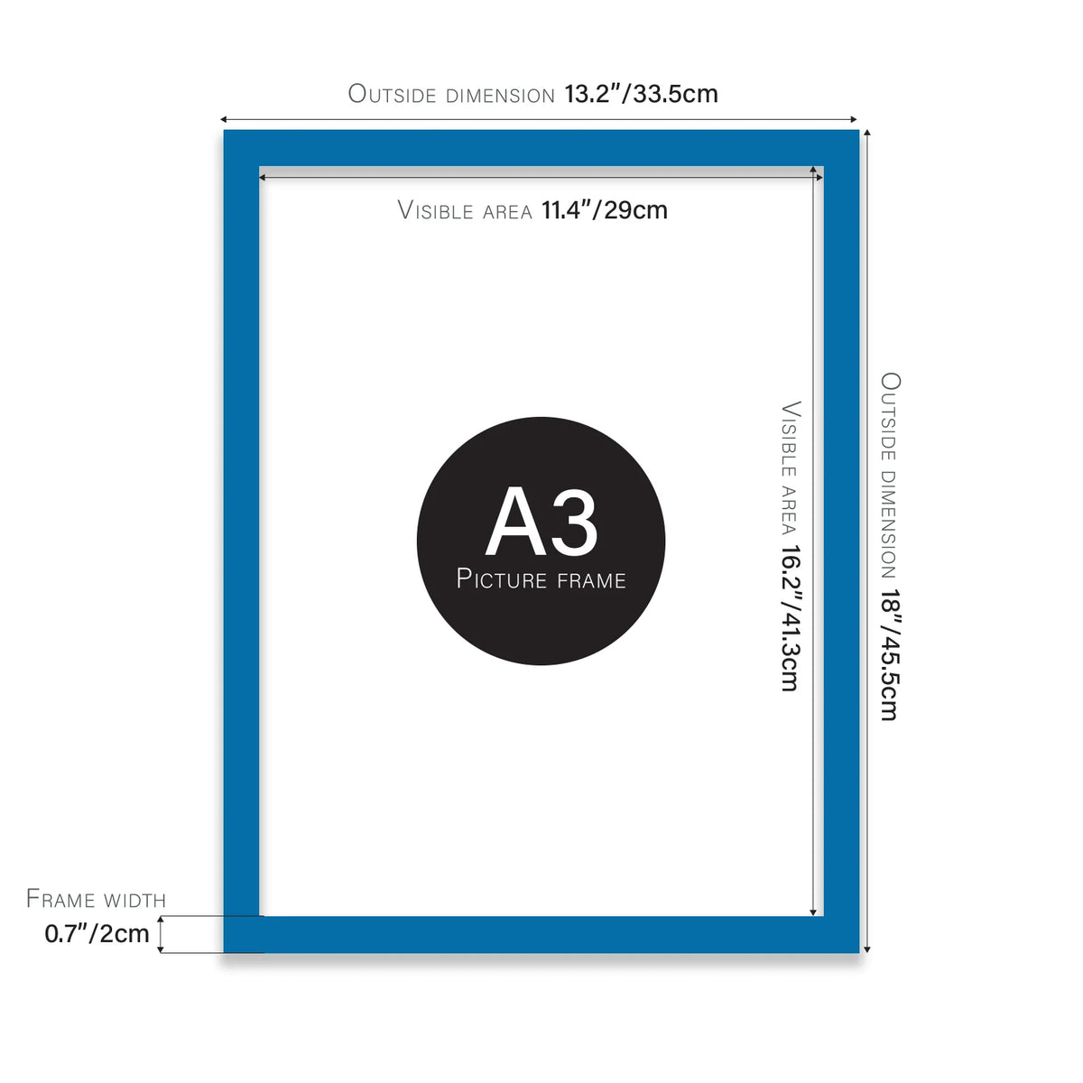 Blue A3 picture frame with dimensions shown