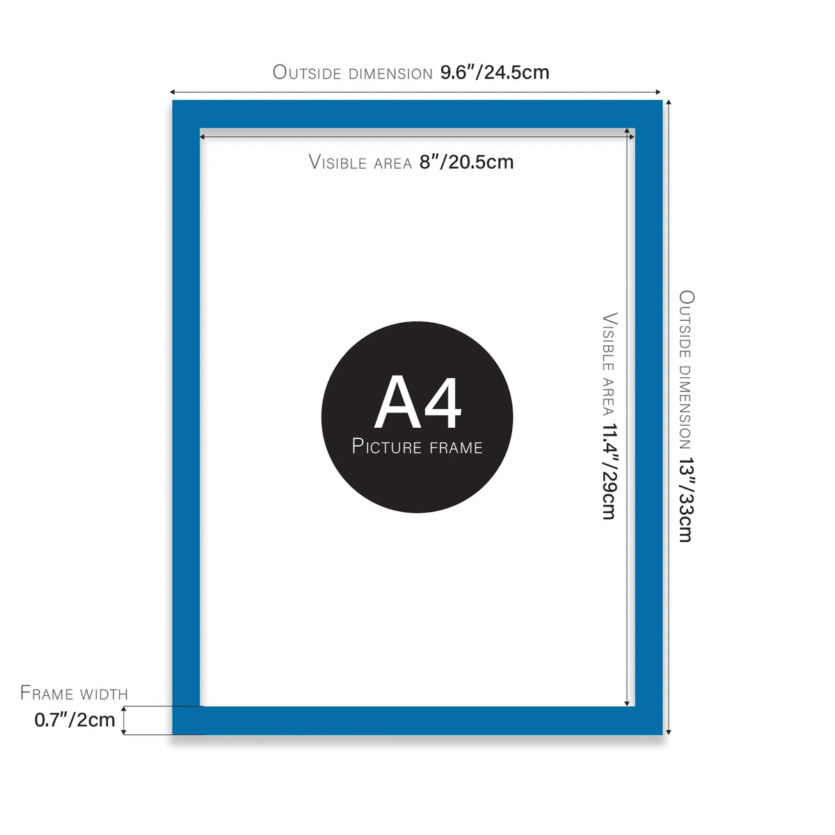 Blue A4 picture frame with dimensions shown
