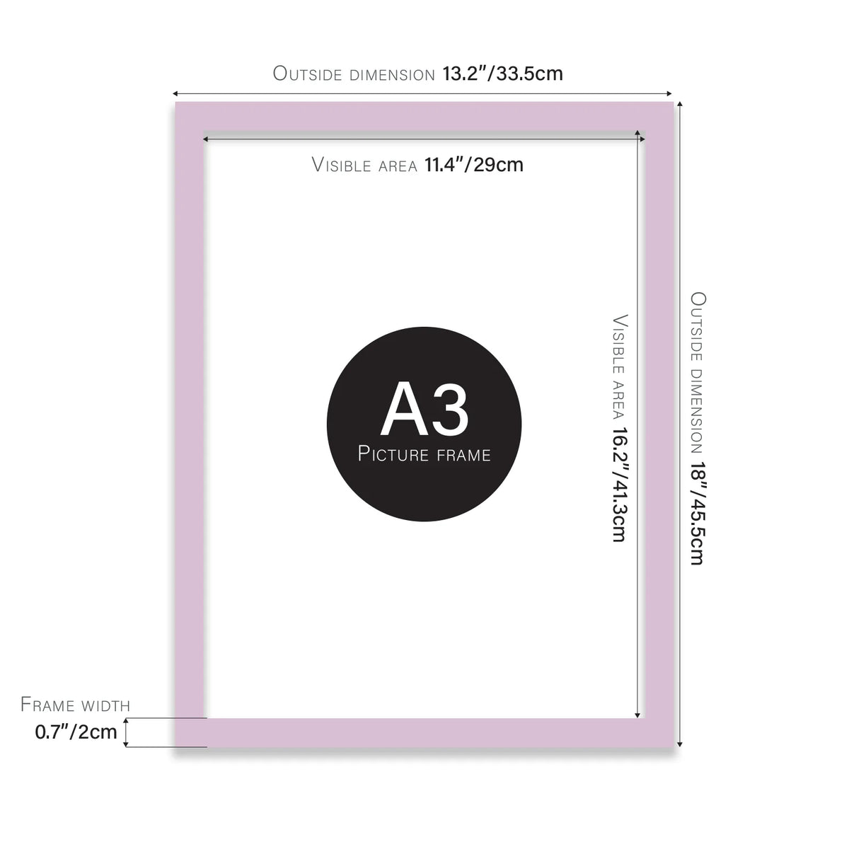 Lilac A3 picture frame with dimensions shown
