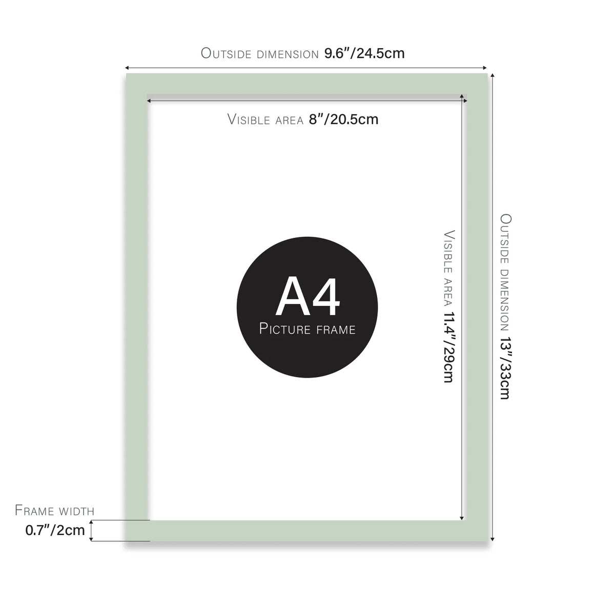 Duck egg green A4 picture frame with dimensions shown