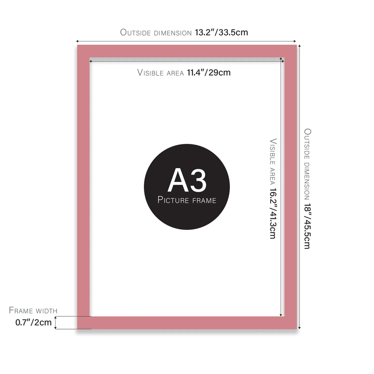 Pink A3 picture frame with dimensions shown