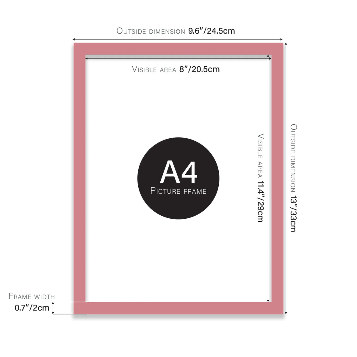 Pink A4 picture frame with dimensions shown