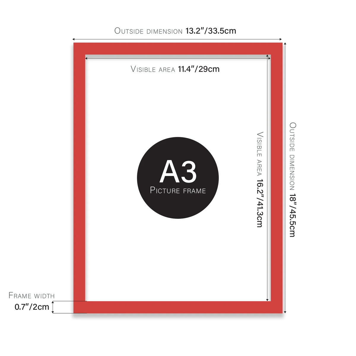 Red A3 picture frame with dimensions shown