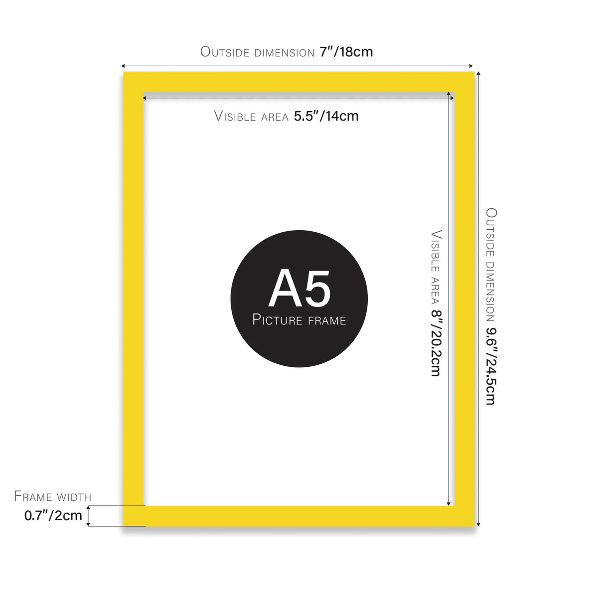 Yellow A5 picture frame with dimensions shown