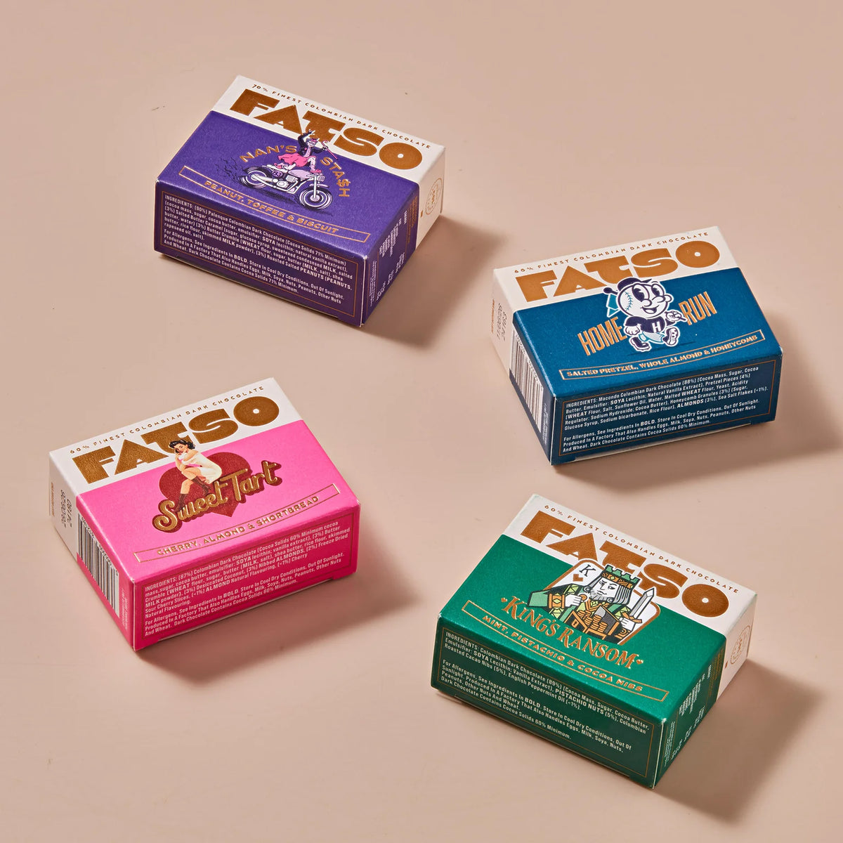 Four Fatso chocolate boxes in pink, purple, blue and green