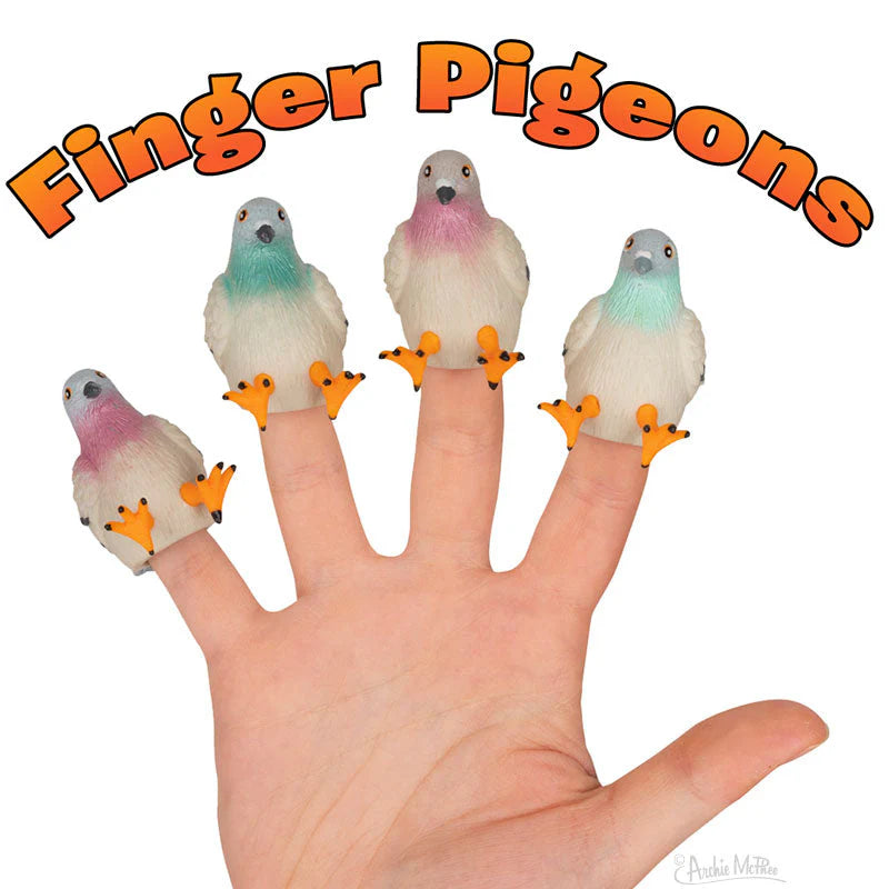 Finger Pigeons: four grey and pastel rubber pigeon puppets on the fingers of a hand