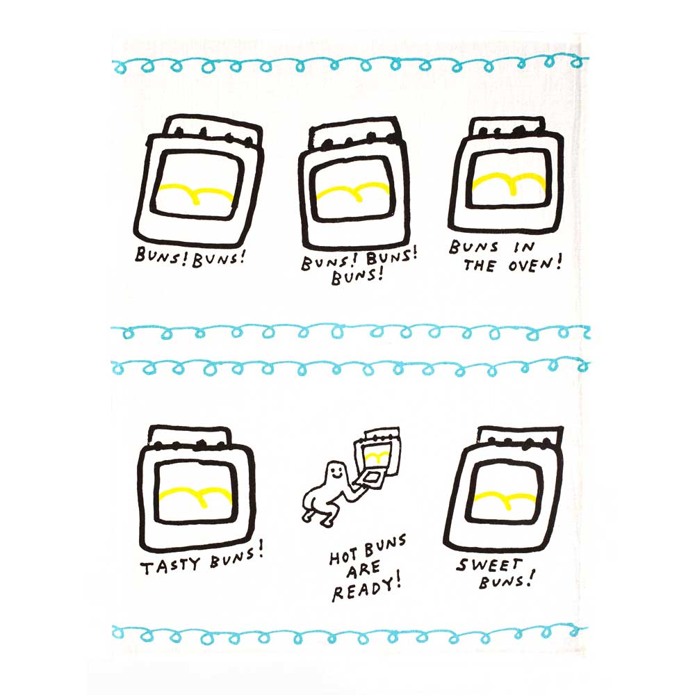 Hot Buns tea towel unfolded: a grid of ovens full of buns with captions like 'Buns in the oven!' and 'Sweet buns!'