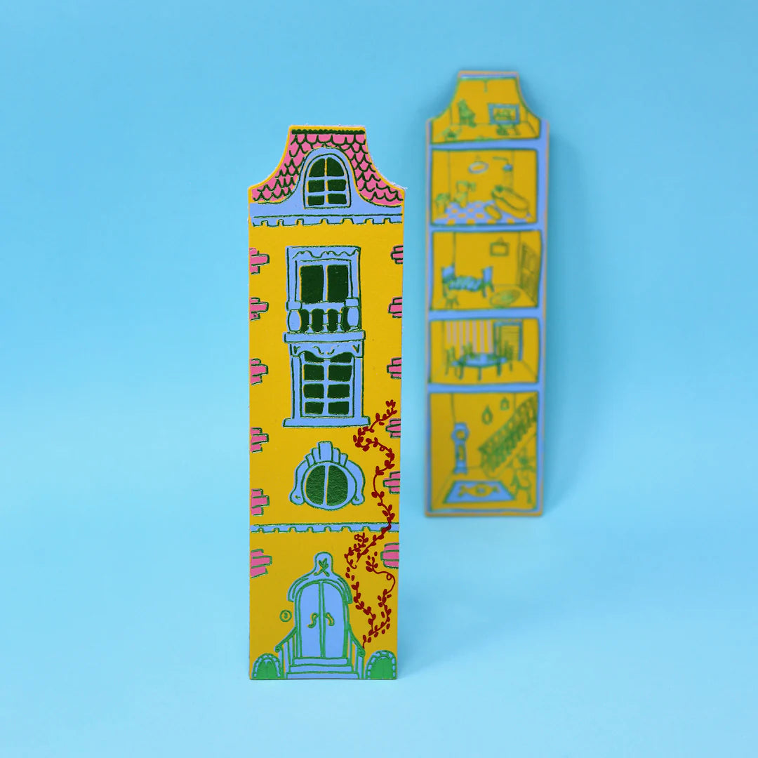 Pair of yellow leather tall house bookmarks with windows and a blue door