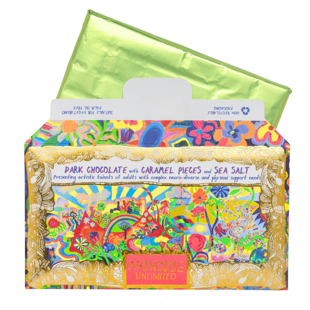 Joy Revolution chocolate with its green-wrapped bar pulled out