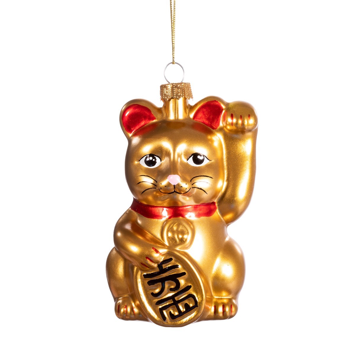 Glass Christmas bauble shaped like a gold lucky cat