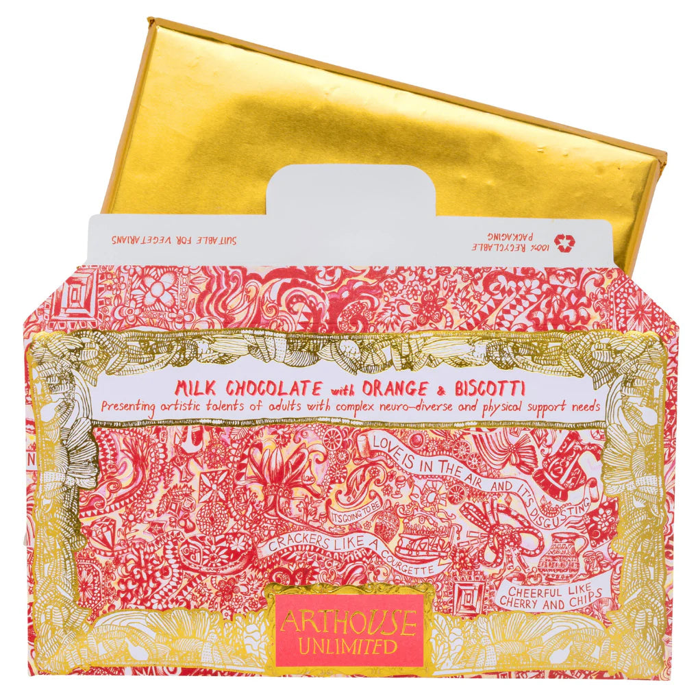 Arthouse orange & biscotti chocolate with its gold-wrapped bar pulled out