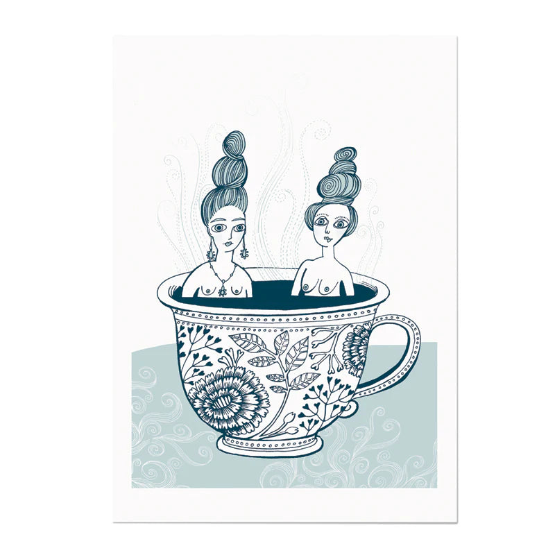 Lush Designs Tea Cup Ladies A3 print: two women bathing in a large blue and white teacup