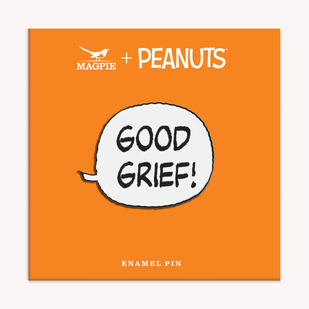 Good Grief pin on its orange Magpie x Peanuts card