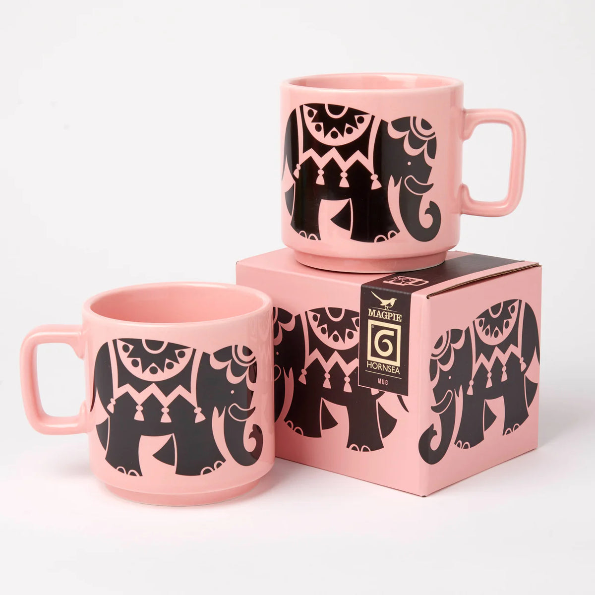 Two pink elephant mugs with their gift box