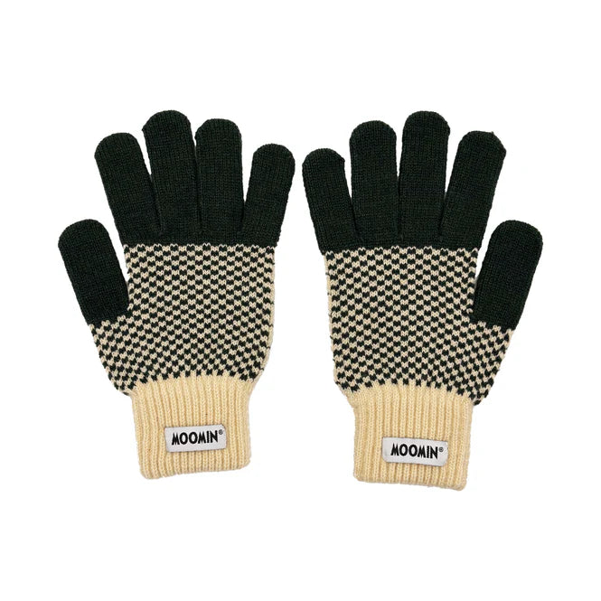 Back of the Moomin chequered gloves with a Moomin label