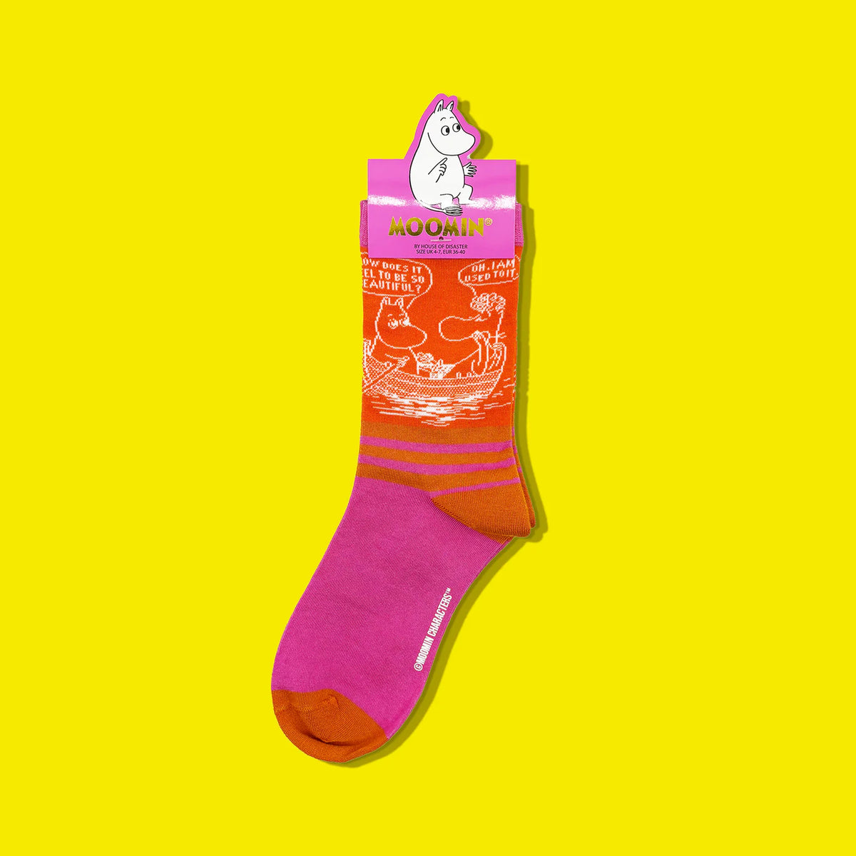 Moomin Beautiful socks on their card against yellow