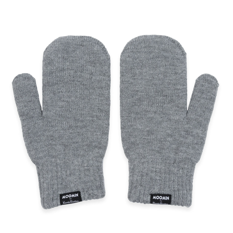 Back of the grey Moomintroll mittens with Moomin labels