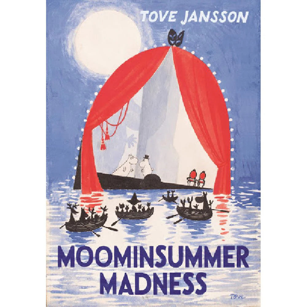 Moominsummer Madness by Tove Jansson: a theatre curtain over the sea with boats under a full moon