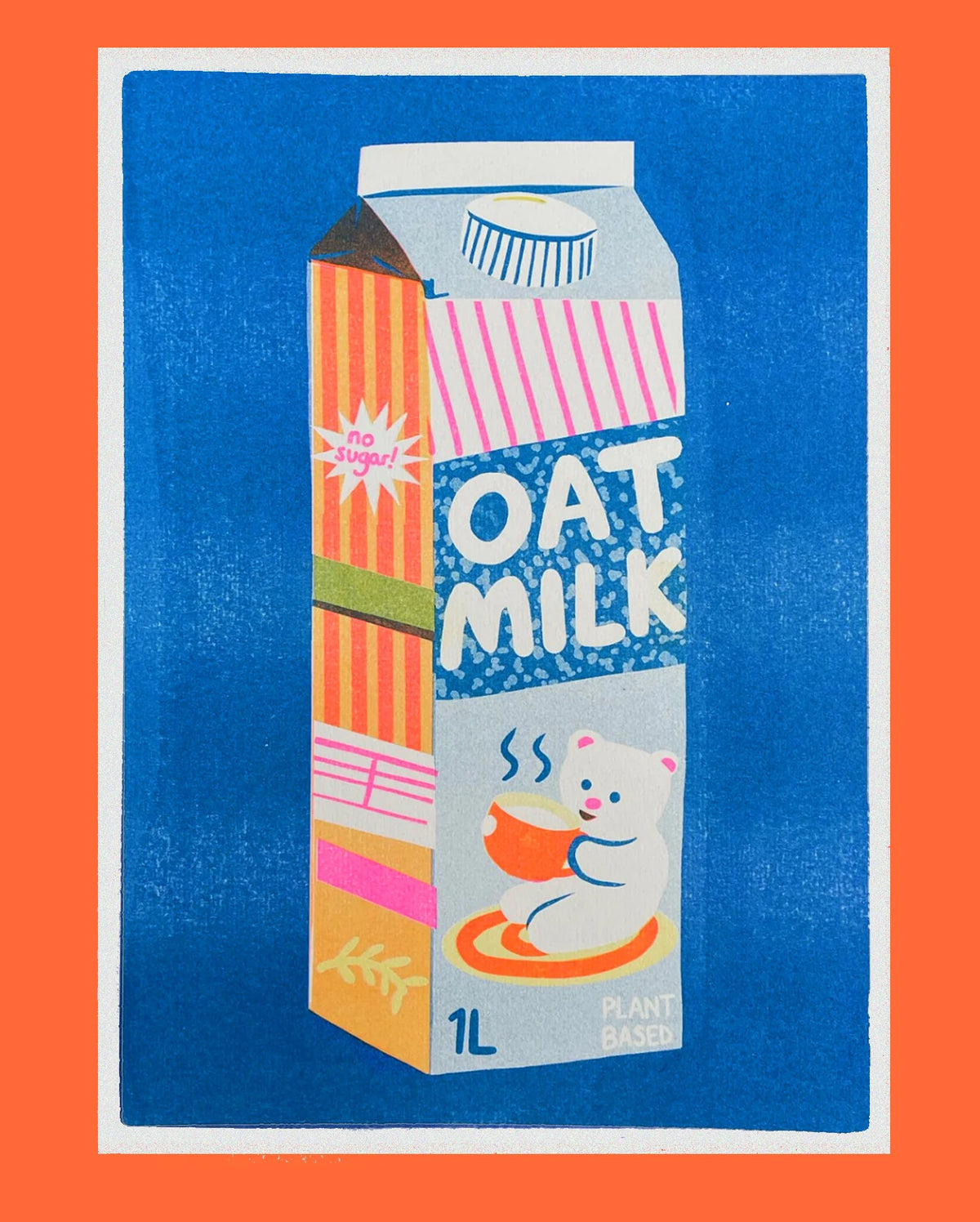 Naomi Wilkinson A4 print: an oat milk carton with a bear on the label, on blue and orange