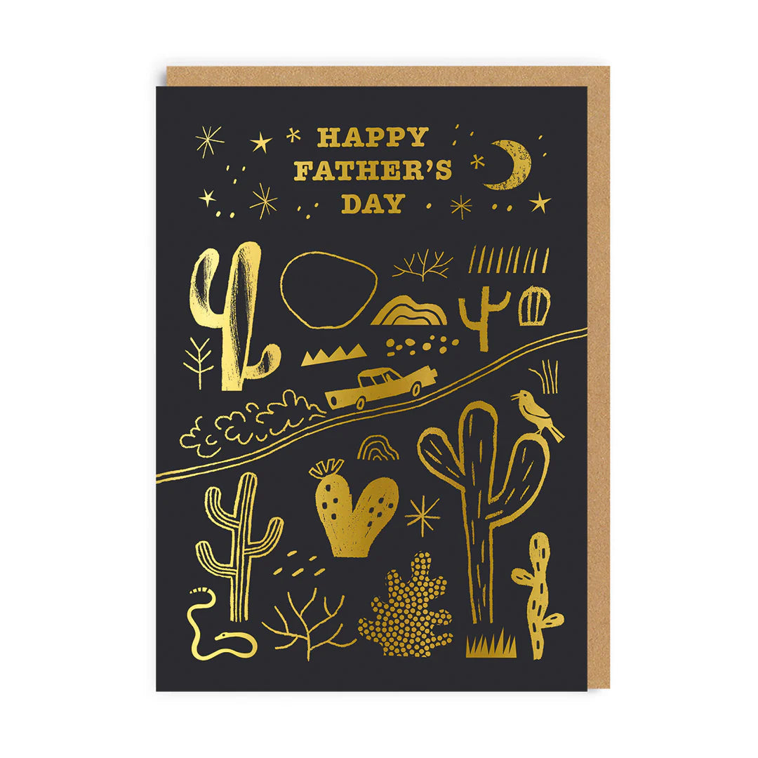 Ohh Deer card: gold desert cacti, a car and a moon on black, with 'Happy Father's Day'