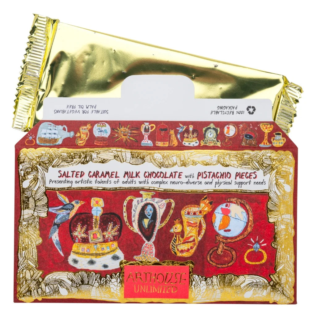 Arthouse salted caramel chocolate with its gold-wrapped bar pulled out