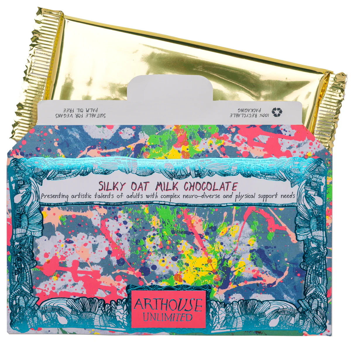 Arthouse Unlimited silky oat milk chocolate bar in a paint-splattered wrapper with gold foil