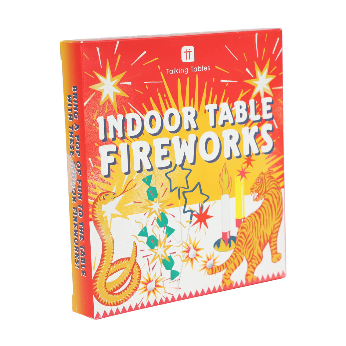 Indoor table fireworks box in red with a tiger and sparklers
