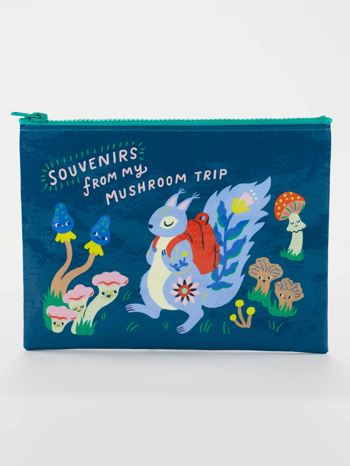 Blue Q zip pouch: a blue squirrel among mushrooms, with 'Souvenirs from my mushroom trip'