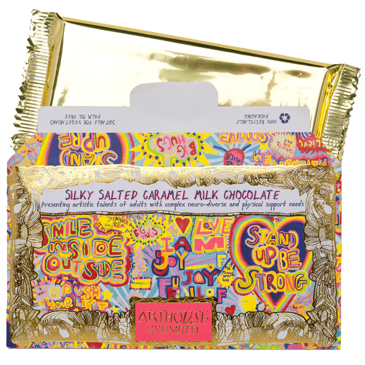 Arthouse salted caramel chocolate with its gold-wrapped bar pulled out