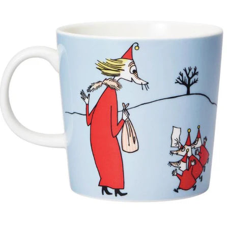 Other side of the Fillyjonk mug: Fillyjonk in a red coat walking through snow with little creatures