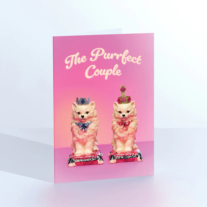Ornament card: two crowned cat figurines, with 'The purrfect couple' on pink