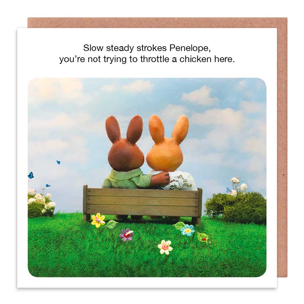 Card of two toy rabbits on a bench: Slow steady strokes Penelope, you're not trying to throttle a chicken here.
