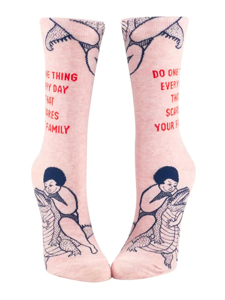 Front view of the Blue Q 'Do one thing every day that scares your family' socks
