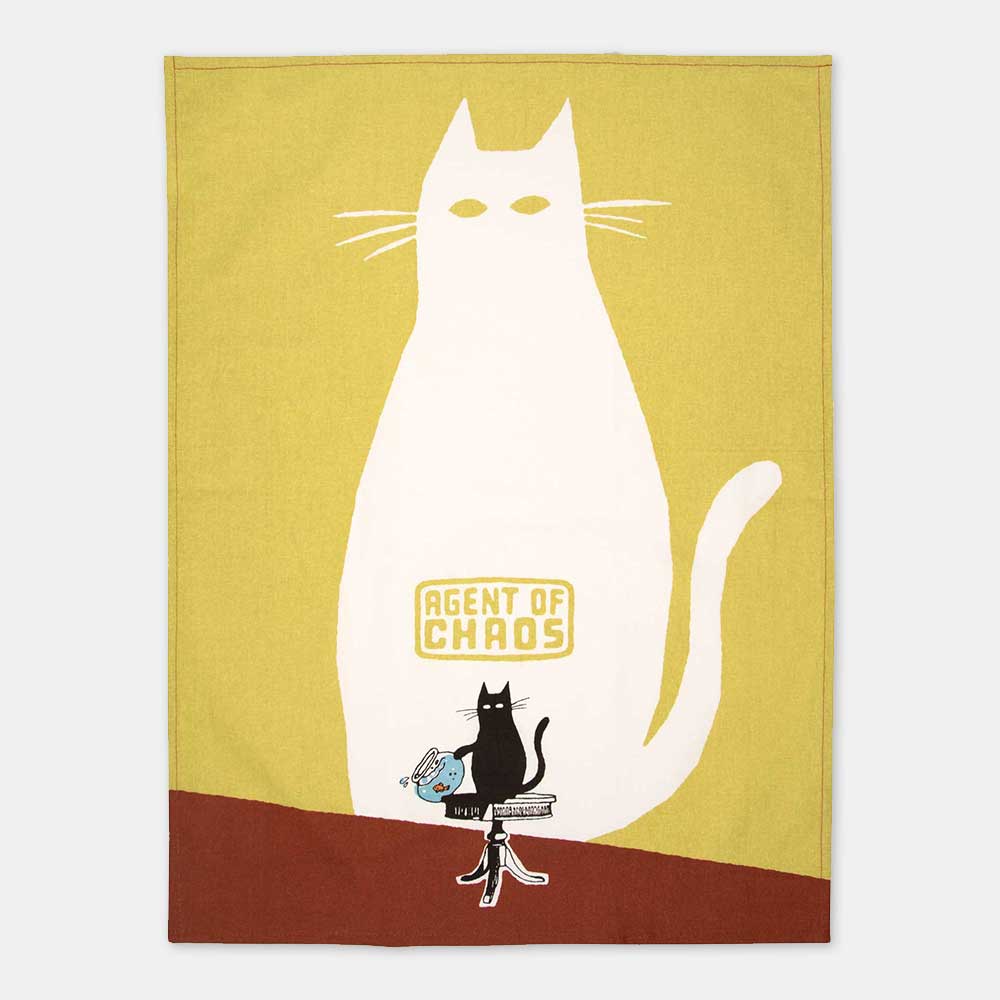 Unfolded Agent of Chaos tea towel with a large white cat silhouette