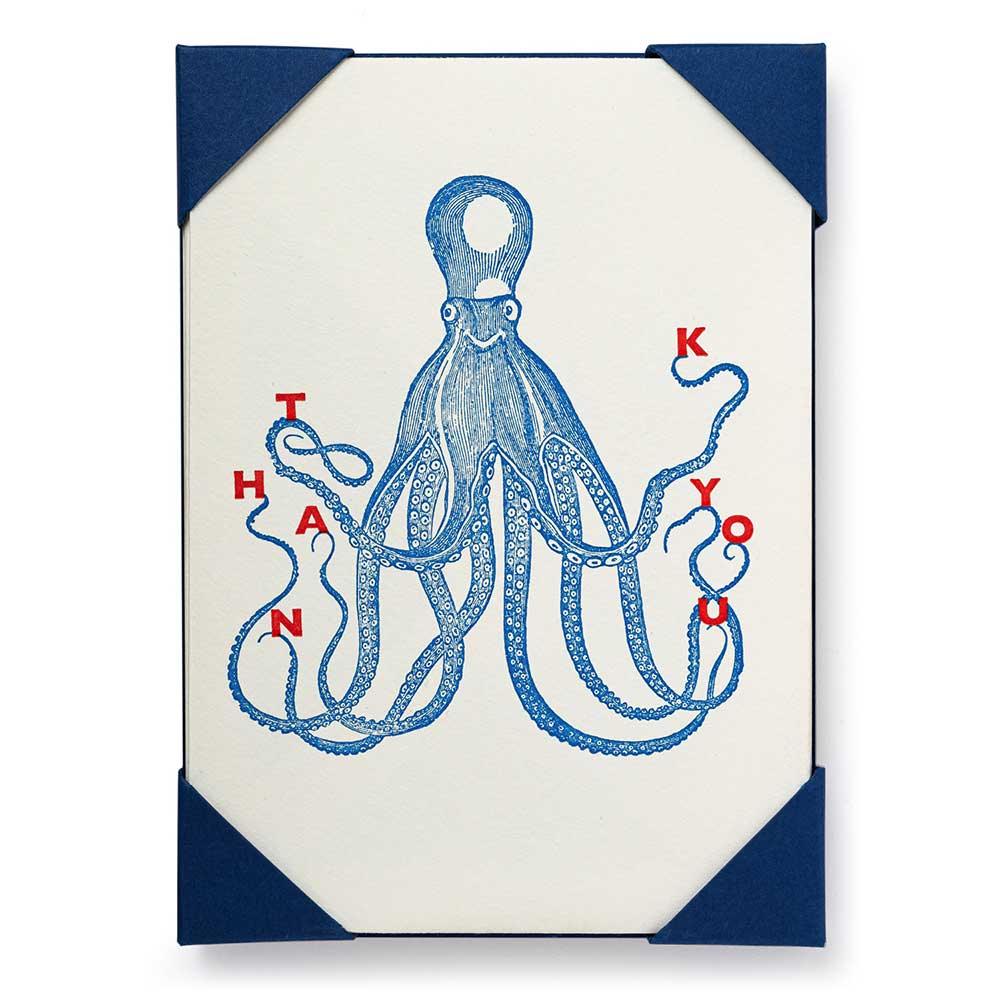 Archivist letterpress mini card: a blue octopus with 'Thank you' spelled along its tentacles
