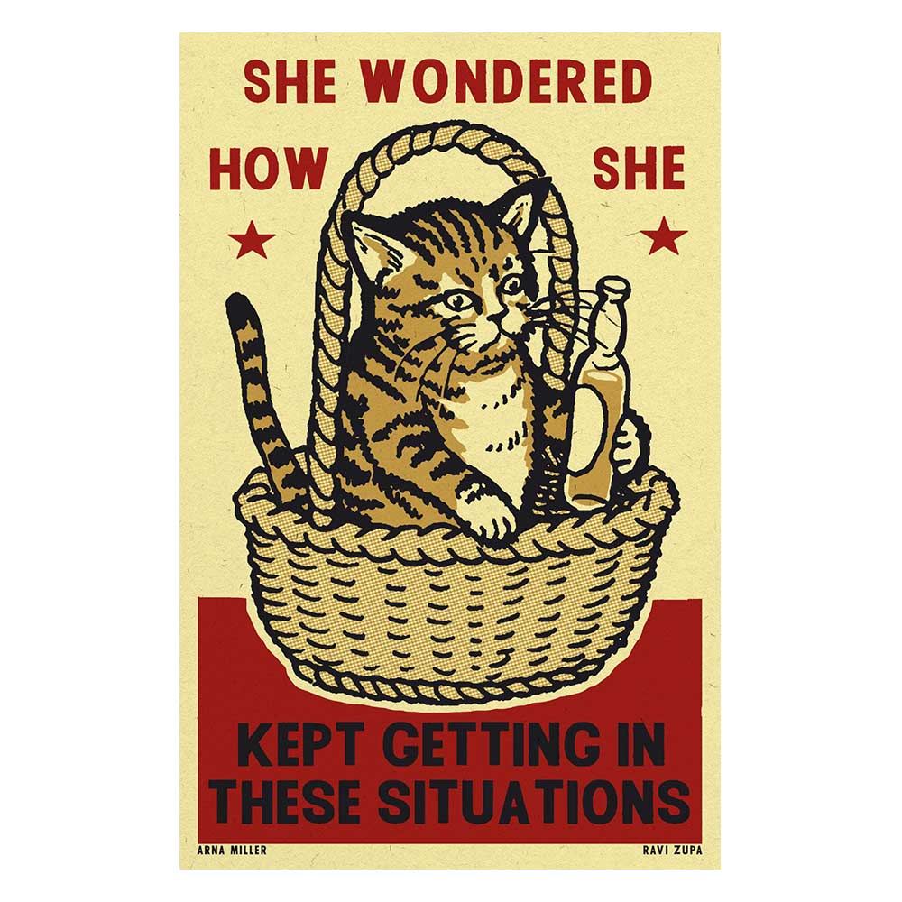 Print of a tabby cat in a picnic basket: She wondered how she kept getting into these situations