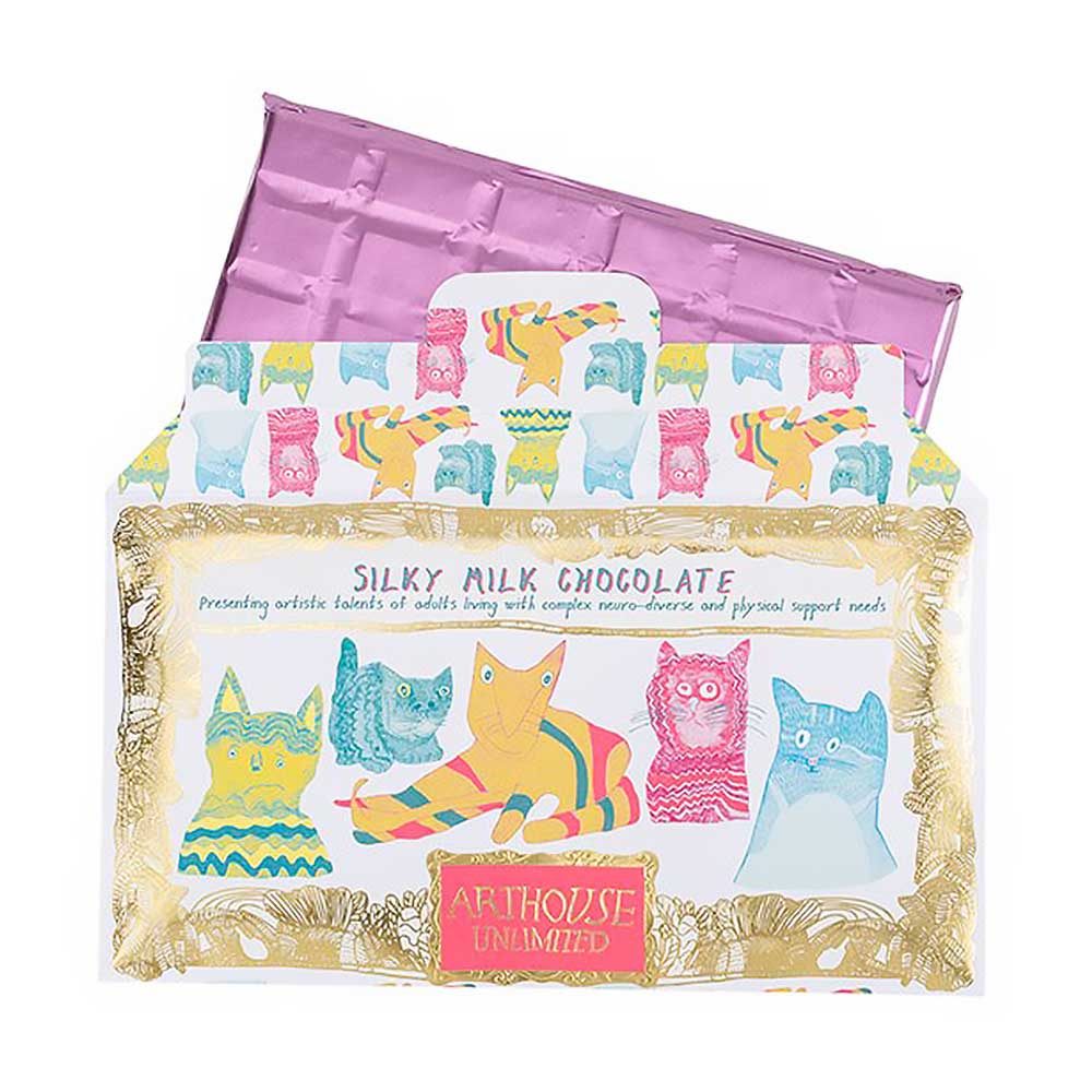 Arthouse Unlimited 'Miaow for Now' silky milk chocolate in packaging illustrated with colourful cats