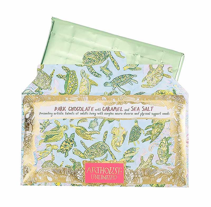 Arthouse Unlimited dark chocolate with caramel and sea salt bar in a turtle-print wrapper with green foil