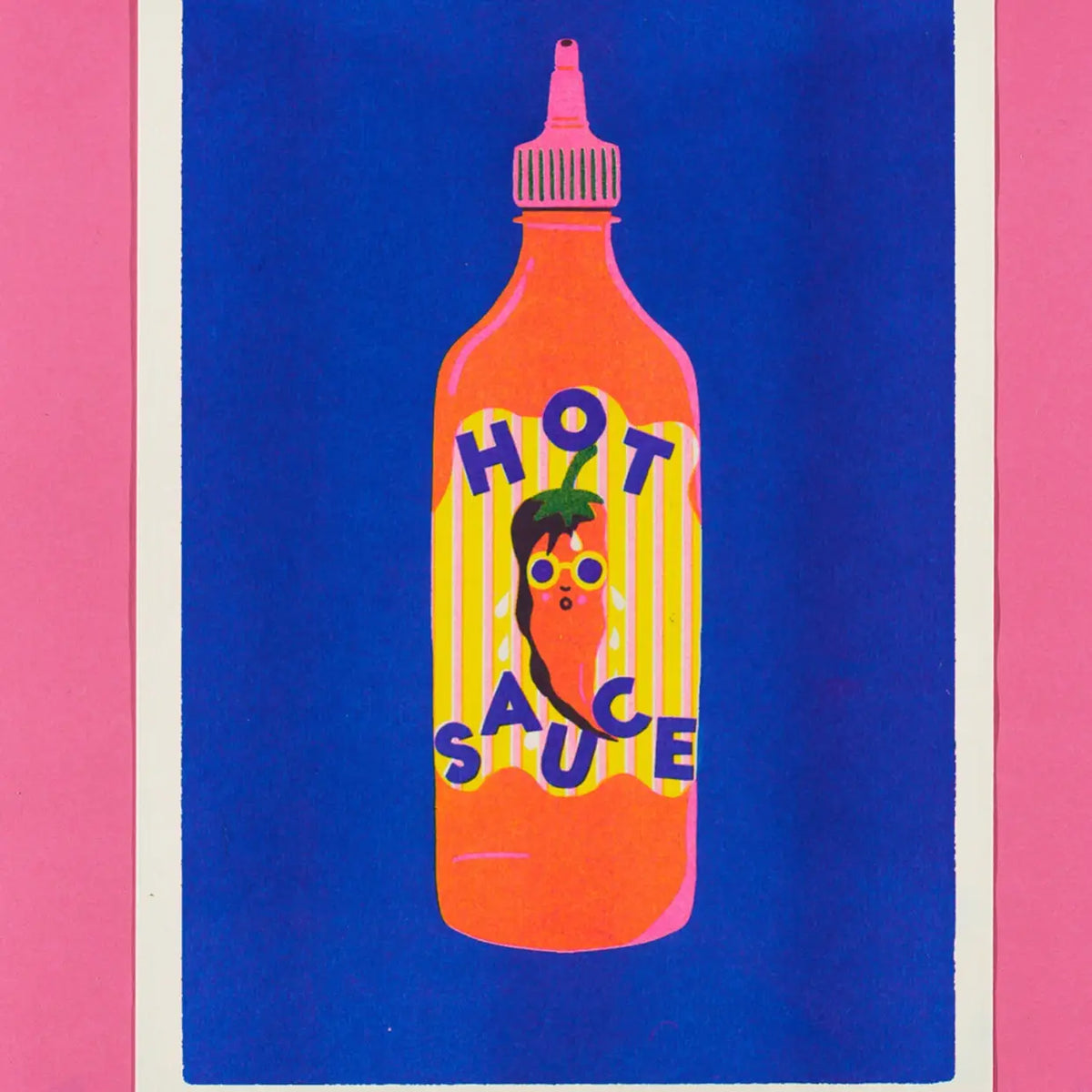 Naomi Wilkinson A4 riso print: an orange hot sauce bottle on blue