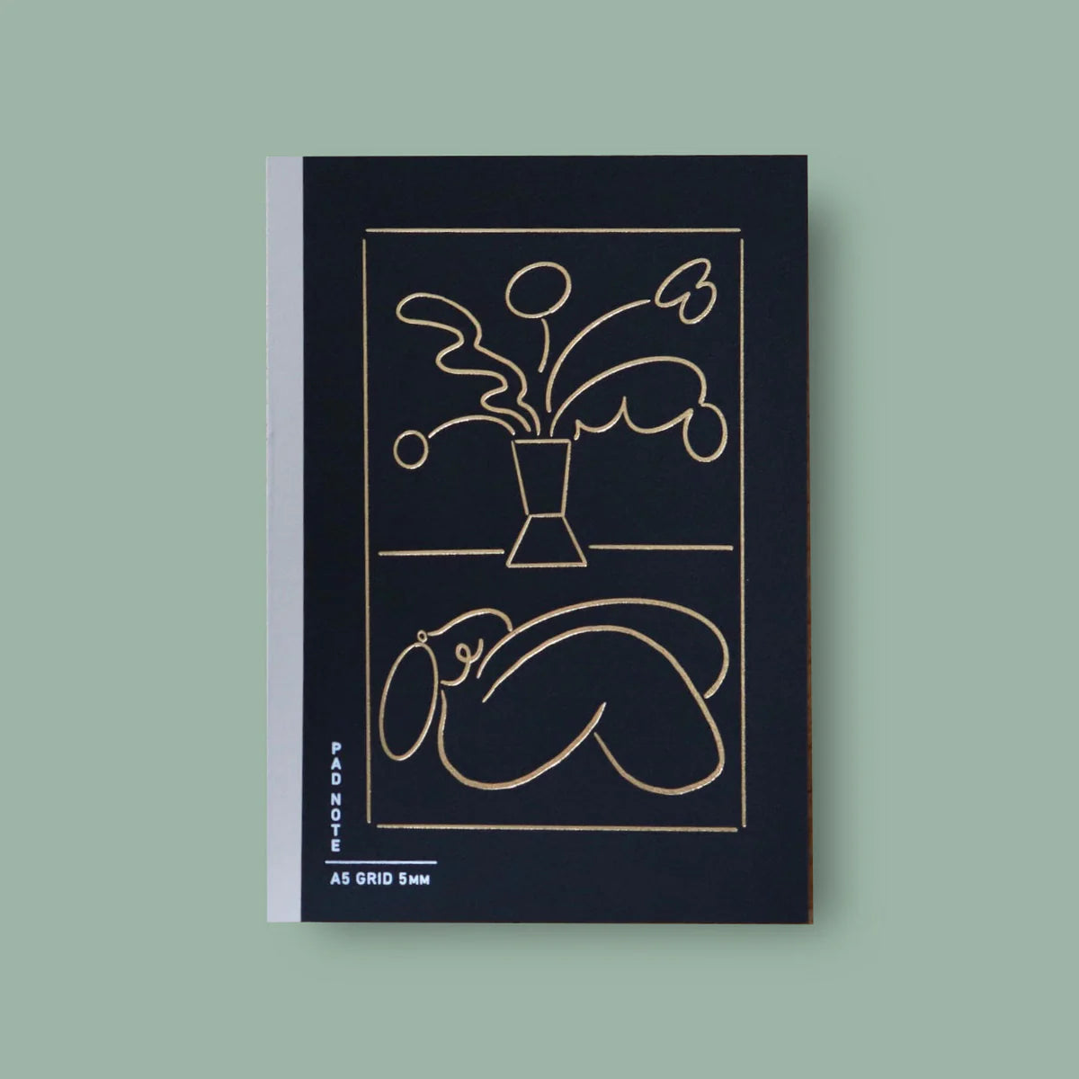 Sikigu black A5 notebook with a gold line drawing of a vase and a reclining figure