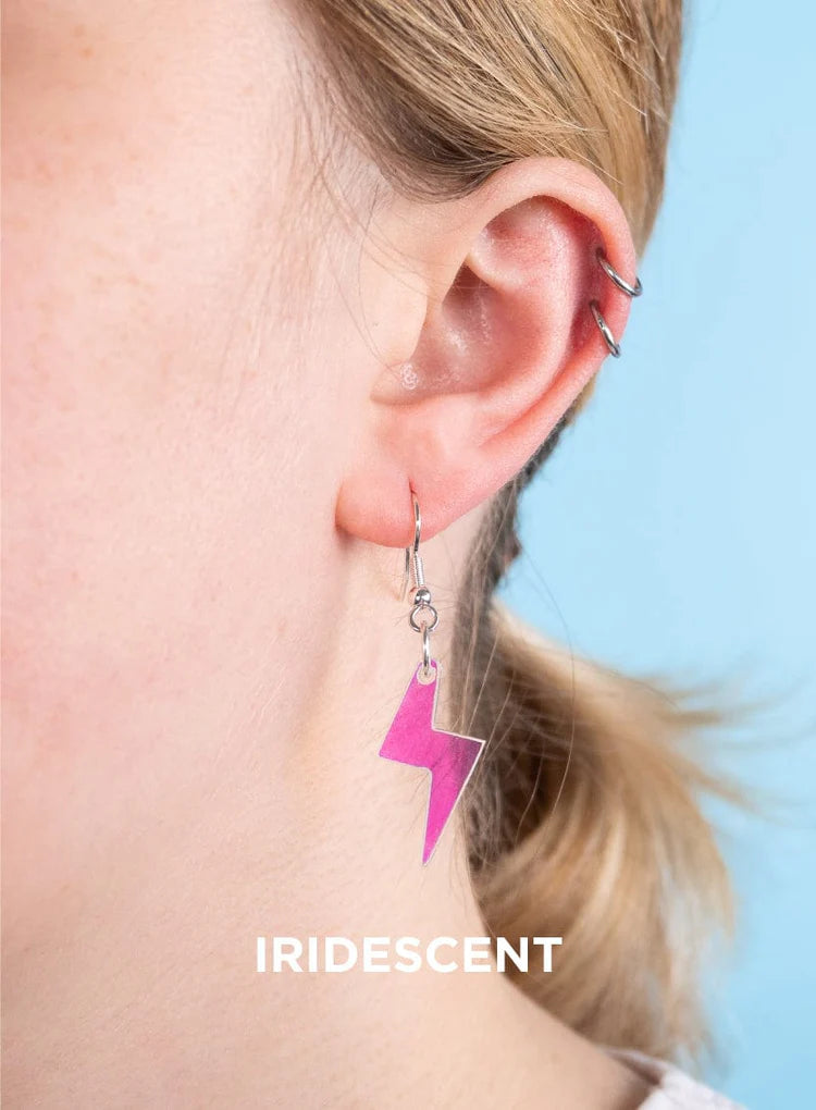 Iridescent bolt earring worn