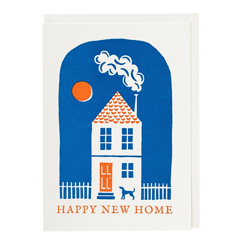 Archivist letterpress card: a blue house with a dog and smoking chimney, with 'Happy new home'