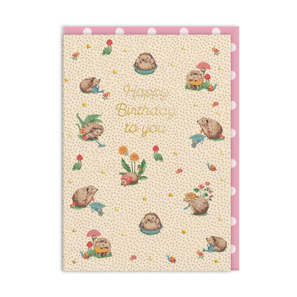 Cath Kidston card: hedgehogs and flowers on cream, with 'Happy birthday to you'