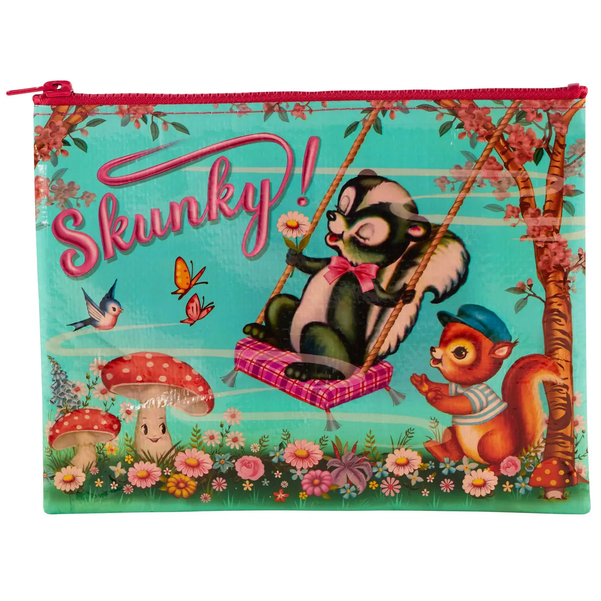 Blue Q zip pouch: a skunk on a swing with a squirrel and toadstools, with 'Skunky!'