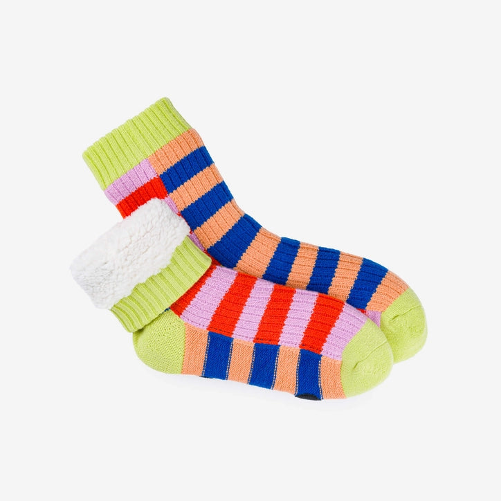 Super Stripe house socks folded to show the fluffy white lining
